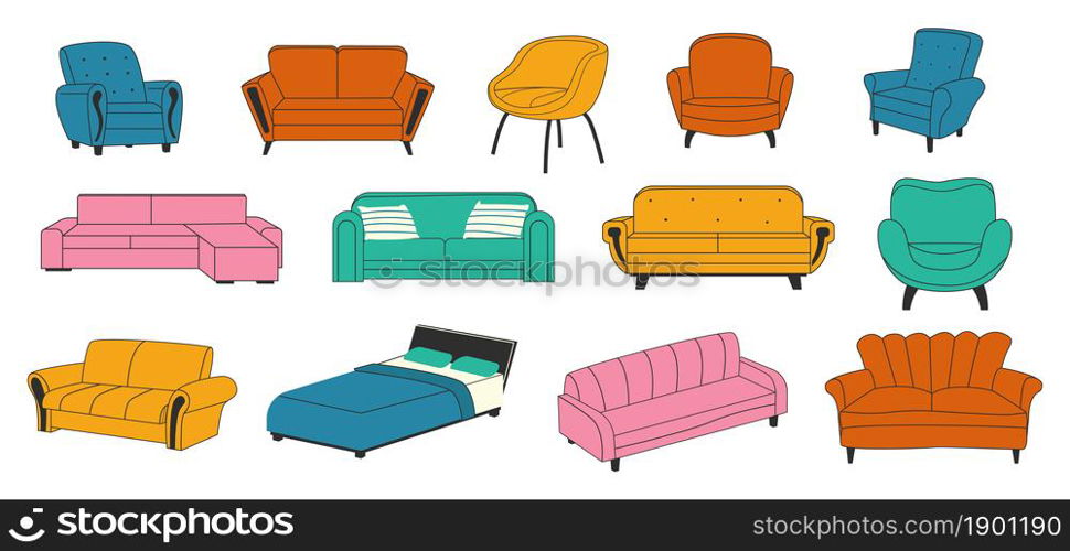 Trendy furniture. Doodle comfort couch. House indoor armchair and modern luxury sofa. Comfortable bed with pillows. Home furnishing or decoration for living room. Vector isolated interior elements set. Trendy furniture. Doodle comfort couch. House armchair and modern luxury sofa. Comfortable bed with pillows. Home furnishing or decoration for living room. Vector interior elements set