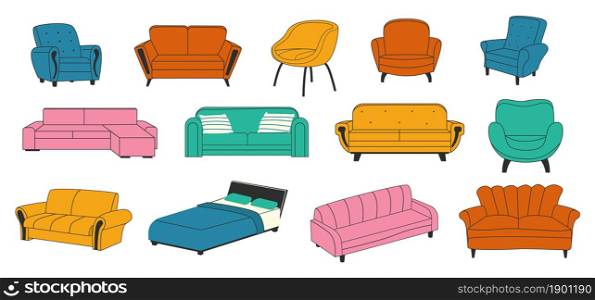Trendy furniture. Doodle comfort couch. House indoor armchair and modern luxury sofa. Comfortable bed with pillows. Home furnishing or decoration for living room. Vector isolated interior elements set. Trendy furniture. Doodle comfort couch. House armchair and modern luxury sofa. Comfortable bed with pillows. Home furnishing or decoration for living room. Vector interior elements set