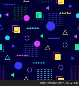 Trendy geometric background memphis seamless pattern. Abstract modern pattern with blue pink circle yellow triangle square green dots colorful geometric retro vector design decorative memphis seamless.. Trendy geometric background memphis seamless pattern. Abstract modern pattern.
