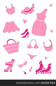 Trendy Glamorous pink elements for a girl. Dress, skirt, swimsuit, shoes, beach bag. Nostalgic barbiecore 2000s style collection