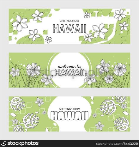 Trendy Hawaiian greeting flyers vector illustration. Flowers and leaves on background and ads text. Travel and trip concept. Template for promotion poster, advertising label or design