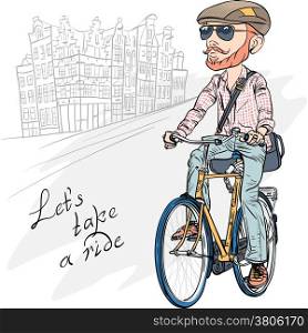 Trendy hipster guy in a cap, sunglasses and sneakers and with a mustache and beard rides a bicycle