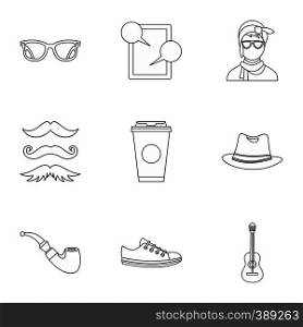 Trendy hipsters icons set. Outline illustration of 9 trendy hipsters vector icons for web. Trendy hipsters icons set, outline style