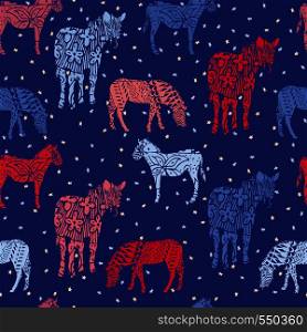 Trendy illustration abstract horse zebra star blue background. Seamless pattern vector wallpaper