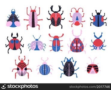 Trendy insects. Funny cute winged and horned bugs, colourful patterned little beetles and ladybug, doodle style characters red pink and blue colors, nature creatures, vector cartoon flat isolated set. Trendy insects. Funny cute winged and horned bugs, colourful patterned little beetles and ladybug, doodle style characters red pink and blue colors, nature creatures, vector isolated set