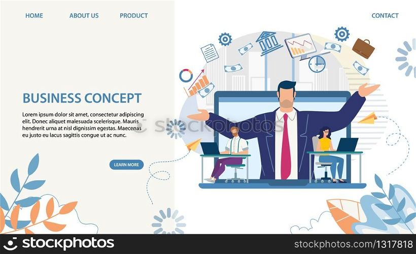 Trendy Landing Page with Cartoon Skilled Team Leader. Teamwork, Subordination, Company and Personnel Management. Optimal Effective Business Planning and Multitasking. Vector Flat Illustration. Business Landing Page with Cartoon Skilled Leader