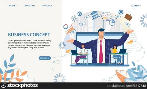 Trendy Landing Page with Cartoon Skilled Team Leader. Teamwork, Subordination, Company and Personnel Management. Optimal Effective Business Planning and Multitasking. Vector Flat Illustration. Business Landing Page with Cartoon Skilled Leader