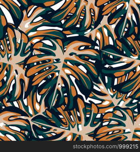 Trendy leaves Monstera seamless patern. Tropical wallpaper. Botanical leaf backdrop. Trendy design for fabric, textile print, wrapping paper. Vector illustration. Trendy leaves Monstera seamless patern. Tropical wallpaper.