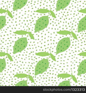 Trendy lemon with leaves seamless pattern on dots background. Hand drawn citrus fruits. Design for fabric, textile print, wrapping paper, kitchen textiles. Modern design.Vector illustration. Trendy lemon with leaves seamless pattern on dots background.