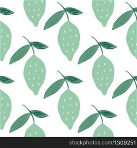 Trendy lemon with leaves seamless pattern on white background. Hand drawn citrus fruits. Design for fabric, textile print, wrapping paper, kitchen textiles. Modern design.Vector illustration. Trendy lemon with leaves seamless pattern on white background.