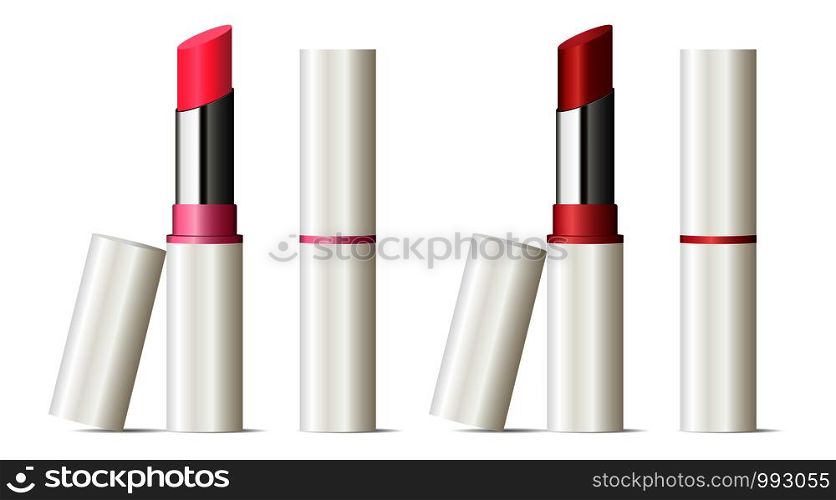 Trendy lipstick mock up set. Vector illustration. Sexy red and pink color. 3d Makeup cosmetic ads.. Trendy lipstick mock up set. Vector illustration.