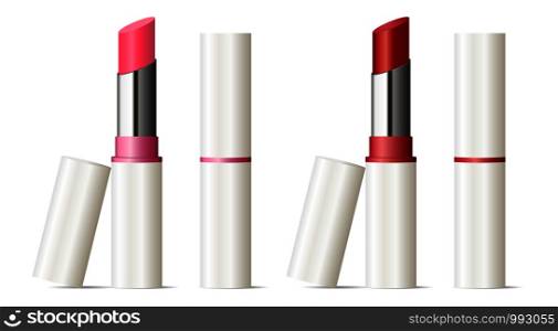 Trendy lipstick mock up set. Vector illustration. Sexy red and pink color. 3d Makeup cosmetic ads.. Trendy lipstick mock up set. Vector illustration.