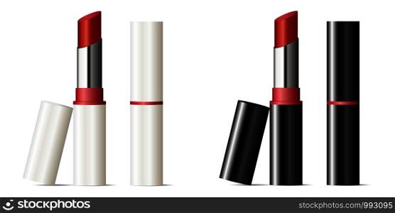 Trendy lipstick mock up set with black and white caps. Vector illustration. Sexy red color. 3d Makeup cosmetic ads. Trendy lipstick mock up set with black white cap