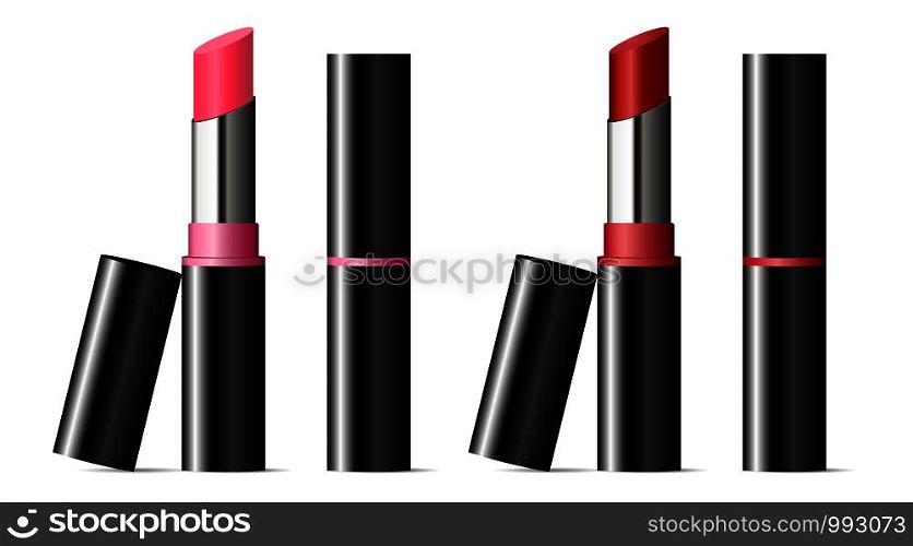 Trendy lipstick mock up set with black caps. Vector illustration. Sexy red and pink color. 3d Makeup cosmetic ads.. Trendy lipstick mockup set with black caps. Vector