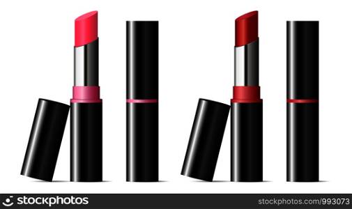 Trendy lipstick mock up set with black caps. Vector illustration. Sexy red and pink color. 3d Makeup cosmetic ads.. Trendy lipstick mockup set with black caps. Vector
