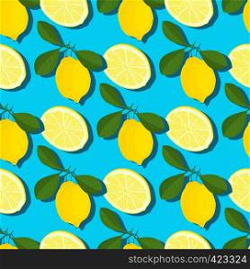 Trendy minimal summer seamless pattern with whole, sliced fresh fruit lemon on color background. Vector illustrations. Trendy minimal summer seamless pattern with whole, sliced fresh fruit lemon on color background