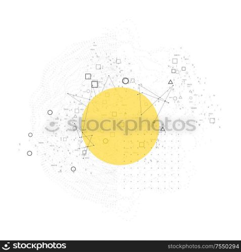 Trendy modern science or technology 3d background with dynamic particles. Cyberspace grid. Futuristic connection structure with yellow banner for chemistry and science concepts. Vector illustration.. Trendy modern science or technology 3d background with dynamic particles. Cyberspace grid. Futuristic connection structure with yellow banner for chemistry and science concepts. Vector illustration