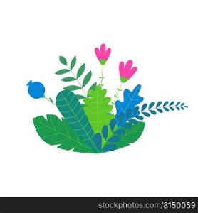 Trendy neon gradient plants and leaves background in flat style. Trees, summer and spring flowers, bushes. Forest, garden or tropical jungle backdrop. Vector.