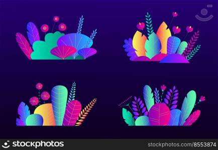 Trendy neon gradient plants and leaves background in flat style. Trees, summer and spring flowers, bushes. Forest, garden or tropical jungle backdrop. Vector.
