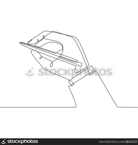 Trendy one line drawing art. Black continuous icon contour of hand palm fingers gestures pen or pencil on white background. Minimalism, vector illustration.