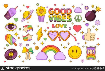 Trendy patches. Doodle hippie abstract geometric stickers for graphic art, cute chaotic psychedelic comic pop stickers. Vector colorful set. Good vibes, colorful peace, heart symbols. Trendy patches. Doodle hippie abstract geometric stickers for graphic art, cute chaotic psychedelic comic pop stickers. Vector colorful set