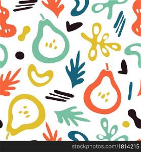 Trendy pears background. Doodle fruits, abstract plants texture. Contemporary fashion print, trendy drawing eco vector seamless pattern. Pear trendy abstract pattern doodle, fruit summer. Trendy pears background. Doodle fruits, abstract plants texture. Contemporary fashion print, trendy drawing eco vector seamless pattern