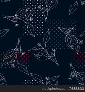 Trendy polka dots seamless pattern with bohemian hand drawn flowers. Blooming wild floral memphis print. Vector illustration. Blooming wild floral memphis print. Vector illustration. Trendy polka dots seamless pattern with bohemian hand drawn flowers.