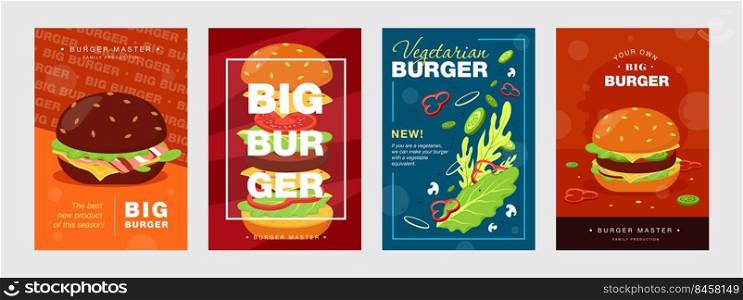 Trendy poster designs with burger and ingredients. Vivid brochures for fast food cafe or restaurant. Unhealthy meal and nutrition concept. Template for promotional leaflet or flyer