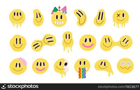Trendy psychedelic distorted smiley faces with rainbow. Crazy smiling groovy emoji. Trippy acid melting graffiti smile stickers vector set. Yellow characters with hypnotic eyes, mushrooms. Trendy psychedelic distorted smiley faces with rainbow. Crazy smiling groovy emoji. Trippy acid melting graffiti smile stickers vector set