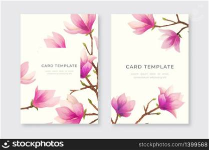 Trendy realistic cover design with magnolia flowers. Floral poster, greeting card, wedding floral invite, invitation card design. Flyer, banner, vector cover.