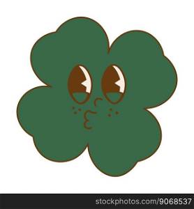 Trendy retro cartoon character clover with four leaf. Happy Saint Patrick s Day. Groovy style, vintage, 70s 60s aesthetics. Vector illustration