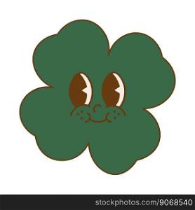 Trendy retro cartoon character clover with four leaf. Happy Saint Patrick s Day. Groovy style, vintage, 70s 60s aesthetics. Vector illustration