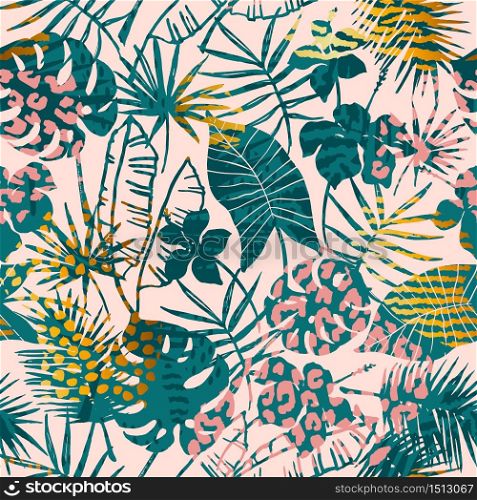 Trendy seamless exotic pattern tropical plants, animal prints and hand drawn textures. Vector illustration. Modern abstract design for paper, wallpaper, cover, fabric, Interior decor and other users.. Trendy seamless exotic pattern tropical plants, animal prints and hand drawn textures.