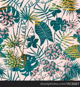 Trendy seamless exotic pattern tropical plants, animal prints and hand drawn textures. Vector illustration. Modern abstract design for paper, wallpaper, cover, fabric, Interior decor and other users.. Trendy seamless exotic pattern tropical plants, animal prints and hand drawn textures.