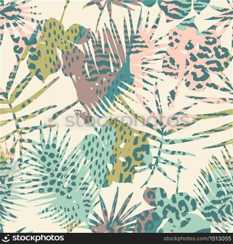Trendy seamless exotic pattern with palm, animal prints and hand drawn textures. Vector illustration. Modern abstract design for paper, wallpaper, cover, fabric, Interior decor and other users.. Trendy seamless exotic pattern with palm and animal prins