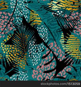 Trendy seamless exotic pattern with palm, animal prints and hand drawn textures. Vector illustration. Modern abstract design for paper, wallpaper, cover, fabric, Interior decor and other users.. Trendy seamless exotic pattern with palm and animal prints.