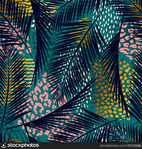 Trendy seamless exotic pattern with palm, animal prints and hand drawn textures. Vector illustration. Modern abstract design for paper, wallpaper, cover, fabric, Interior decor and other users.. Trendy seamless exotic pattern with palm, animal prints and hand drawn textures