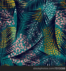 Trendy seamless exotic pattern with palm, animal prints and hand drawn textures. Vector illustration. Modern abstract design for paper, wallpaper, cover, fabric, Interior decor and other users.. Trendy seamless exotic pattern with palm, animal prints and hand drawn textures