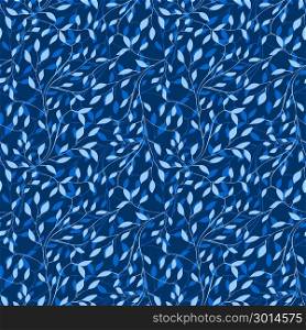 Trendy Seamless Floral Ditsy Print. Trendy Seamless Floral Print. Small blue leaves on dark navy background. Can be used for textile, fabric, wallpaper, scrapbooking design. Vector