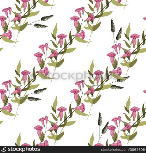 Trendy seamless floral pattern. Vintage background. Blooming realistic isolated flowers. Hand drawn vector illustration.