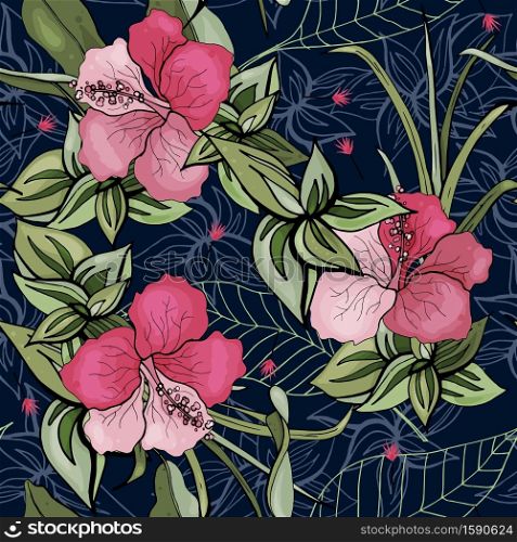 Trendy Seamless flower pattern. Vintage background. Wallpaper. Blooming realistic isolated flowers. Hand drawn. Vector illustration.. Vintage background. Wallpaper. Blooming realistic isolated flowers. Hand drawn. Vector illustration. Trendy Seamless flower pattern.