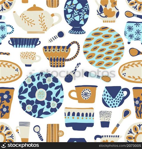 Trendy seamless pattern tableware. Ceramic cookware, rustic decorative pottery, crafted spoon, dishes and cups, kitchen crockery elements. Decor textile, wrapping paper wallpaper vector print on white. Trendy seamless pattern tableware. Ceramic cookware, rustic decorative pottery, crafted spoon, dishes and cups, kitchen crockery elements. Decor textile, wrapping paper wallpaper, vector print