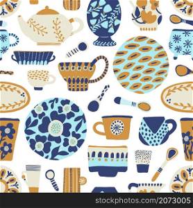 Trendy seamless pattern tableware. Ceramic cookware, rustic decorative pottery, crafted spoon, dishes and cups, kitchen crockery elements. Decor textile, wrapping paper wallpaper vector print on white. Trendy seamless pattern tableware. Ceramic cookware, rustic decorative pottery, crafted spoon, dishes and cups, kitchen crockery elements. Decor textile, wrapping paper wallpaper, vector print