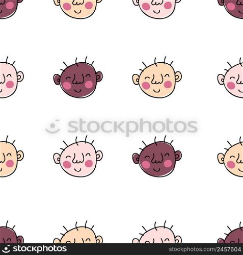 Trendy seamless pattern with doodle baby faces. Perfect for T-shirt, poster and print. Hand drawn vector illustration for decor and design.