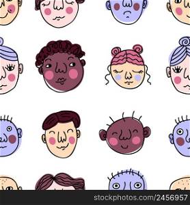 Trendy seamless pattern with doodle people faces. Perfect for T-shirt, poster and print. Hand drawn vector illustration for decor and design.