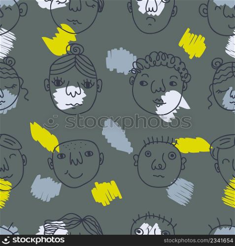 Trendy seamless pattern with peoples faces and brush strokes. Perfect for T-shirt, textile and print. Hand drawn vector illustration for decor and design.