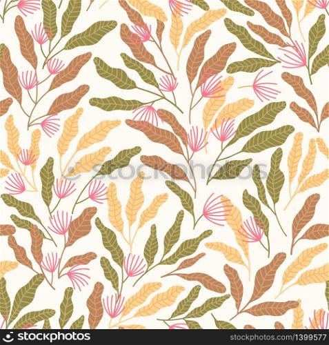 Trendy seamless simple flowers in the abstract style on pastel color. Modern flat vector illustration. Summer pattern for textile design, wallpaper, fabric, backdrop, cover, wrapping paper.