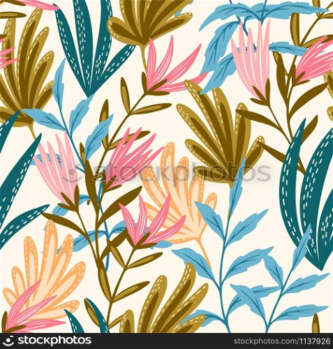 Trendy seamless simple flowers in the abstract style on white background. Modern flat vector illustration. Summer pattern for textile design, wallpaper, fabric, backdrop, cover, wrapping paper.