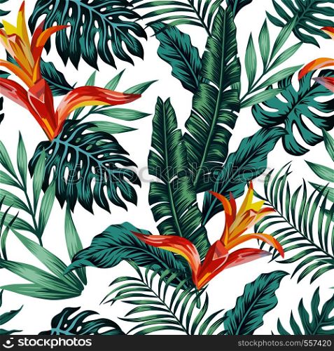 Trendy seamless vector pattern tropical composition exotic abstract blue color leaves and orange flowers on the white background. Summer realistic wallpaper