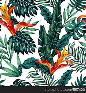 Trendy seamless vector pattern tropical composition exotic abstract blue color leaves and orange flowers on the white background. Summer realistic wallpaper